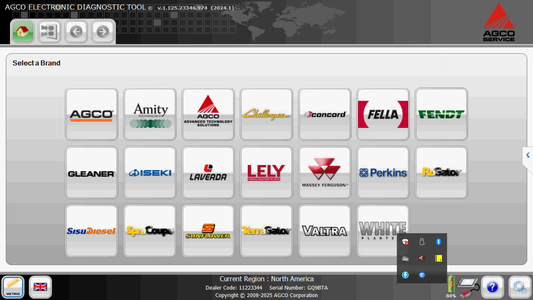 A software interface screenshot for an AGO Electronic Diagnostic Tool, displaying a grid of selectable brand logos such as AGCO, Amty, Challenger, Fella, and Perkins, with a world map graphic in the background.