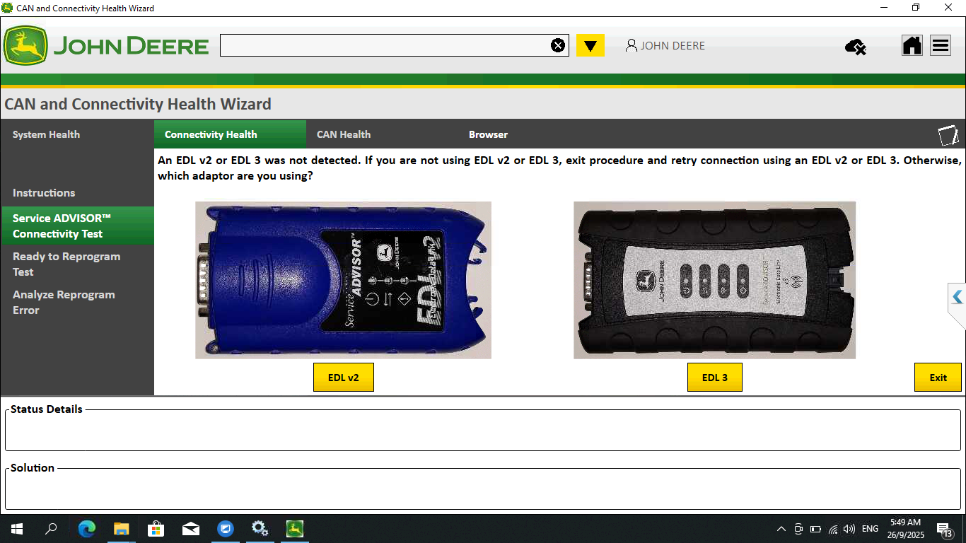 Computer screen displaying John Deere software with diagnostic tools shown