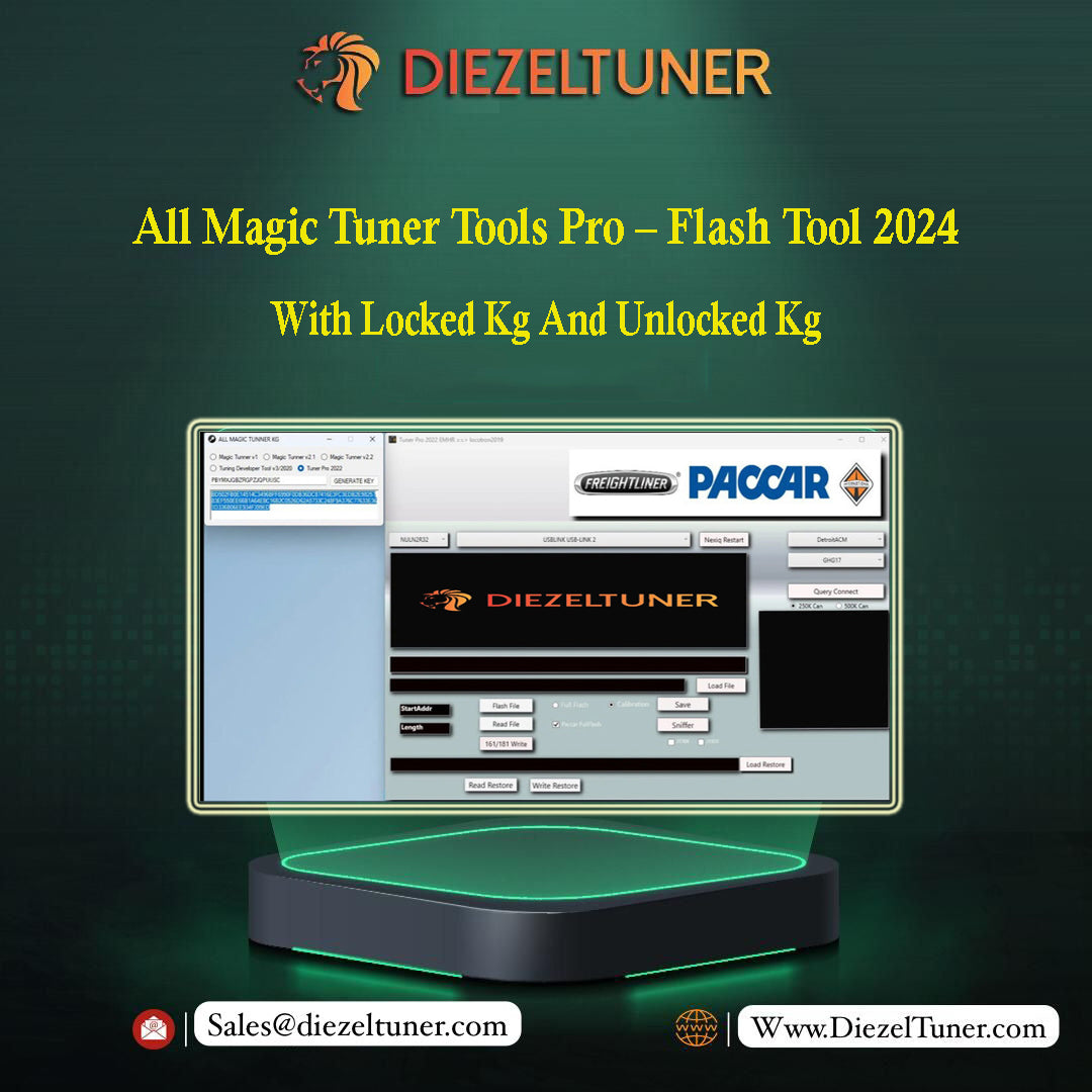 Promotional image for All Magic Tuner Tools Pro – Flash Tool 2024, featuring a computer interface with various vehicle brand options, against a green background.