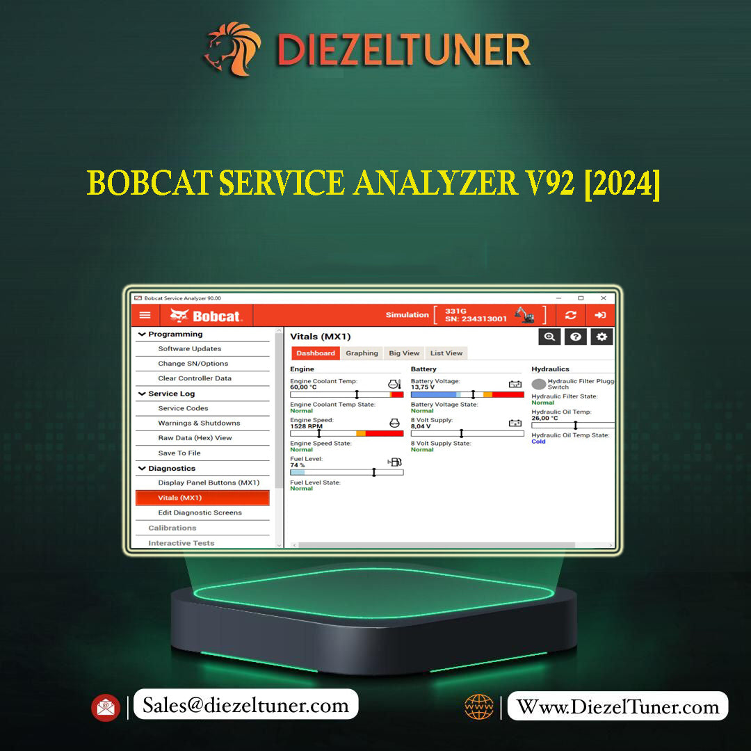 Promotional image for BOBCAT SERVICE ANALYZER V92 software showing the software interface on a computer monitor with the Bobcat logo, indicating it's intended for use with Bobcat equipment.