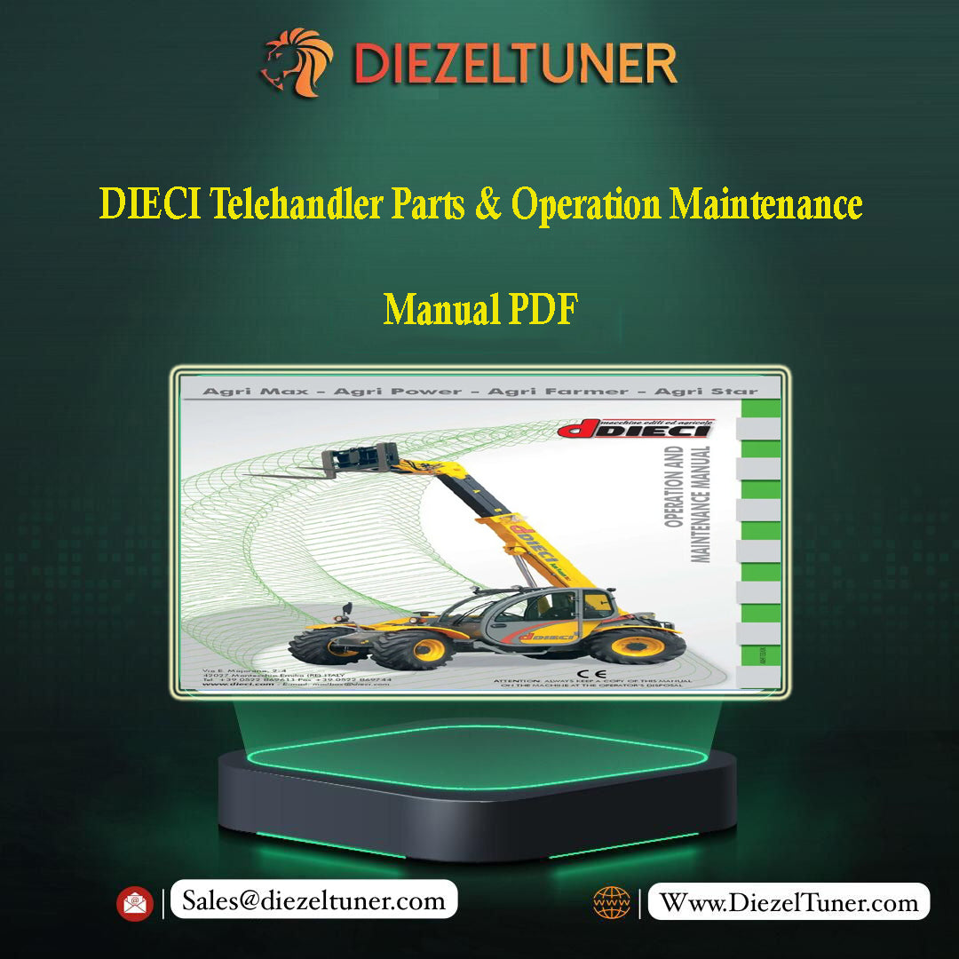 Cover of the DIECI Telehandler Parts & Operation Maintenance Manual PDF, featuring an image of a yellow telehandler with green accents on a black background.