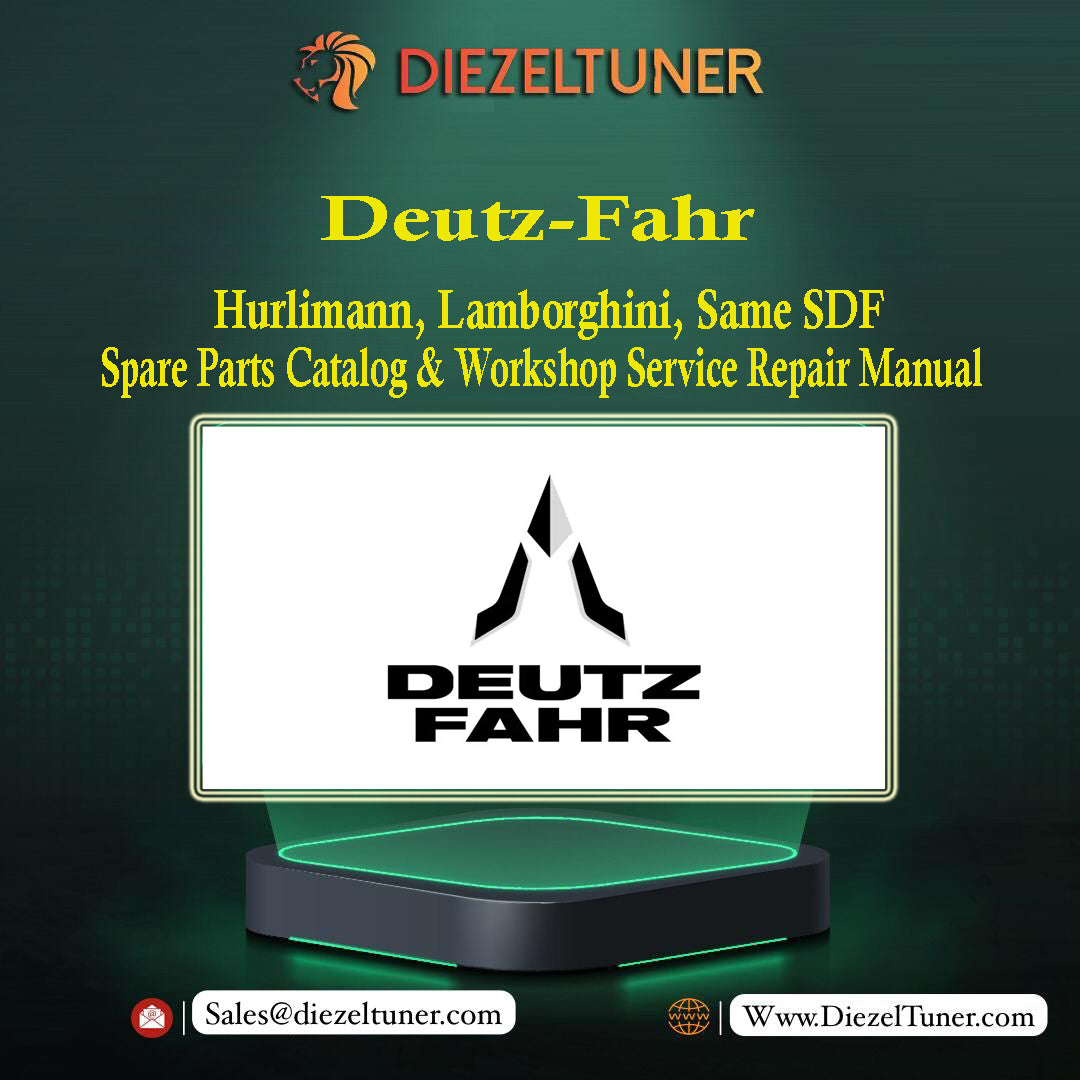 Promotional graphic for Deutz Fahr, Hurlimann, Lamborghini, Same SDF spare parts catalog and workshop service repair manual, featuring the brand logo on a black background with green accents.