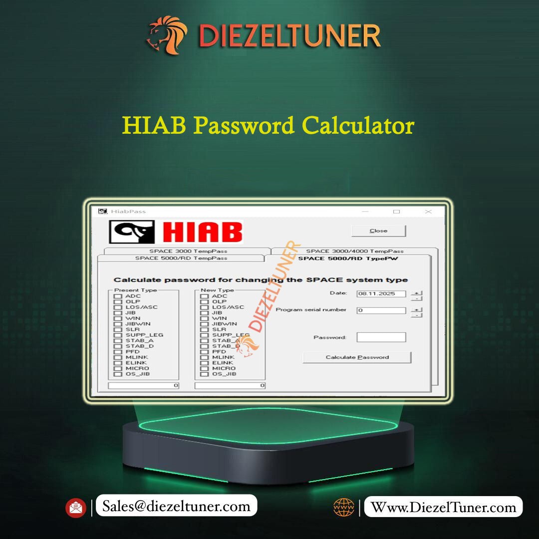 HIAB Password Calculator software on a computer screen with Diezeltuner branding.