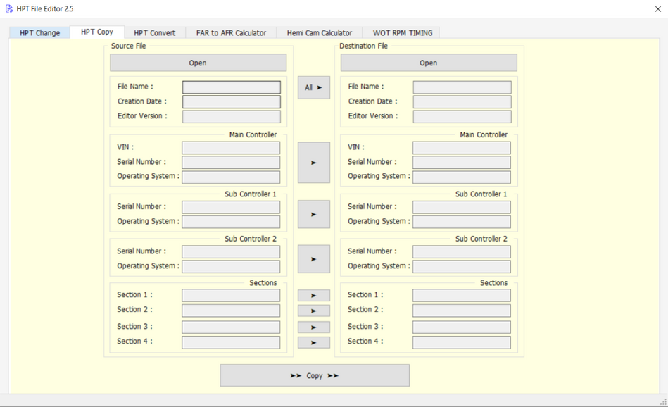Software interface for an HPT file editor with various fields and buttons.
