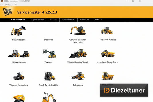 Software interface for Servicemaster with icons of construction equipment on a white background