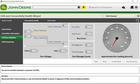 John Deere software interface for CAN and Connectivity Health Wizard