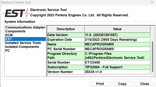Perkins EST 2025A Diagnostic Software + Factory Password – With Kg