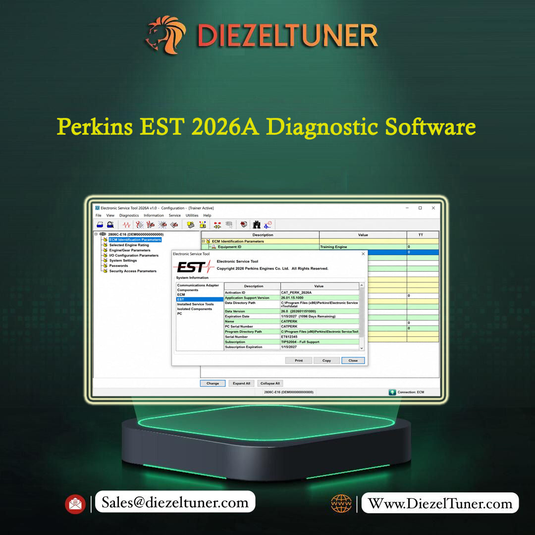 Computer monitor displaying Perkins EST 2026A Diagnostic Software with Diezeltuner branding.