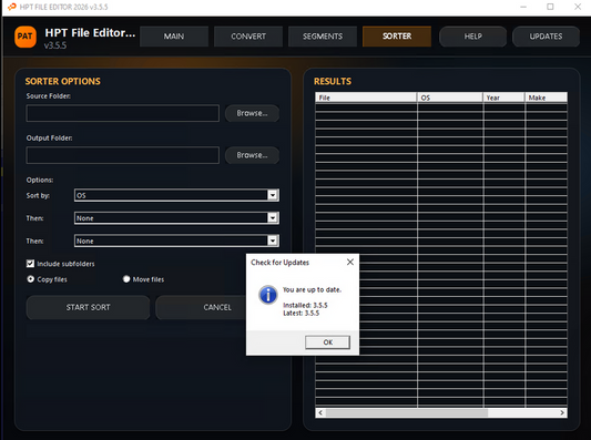HPT File Editor software interface with sorter options and results display on a black background.