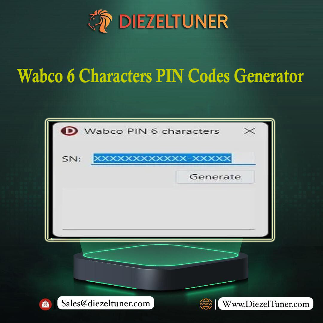 Software interface for a Wabco 6 Characters PIN Codes Generator, depicting a window with a 'Generate' button and a placeholder for a serial number.