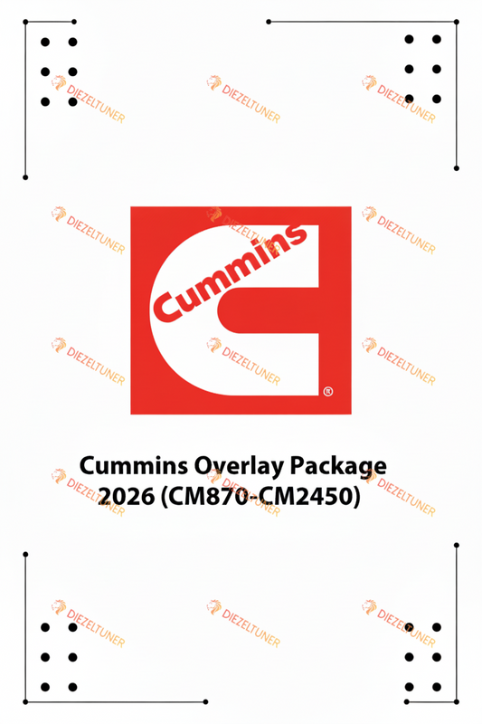 Cummins Overlay Package 2026 (CM870-CM2450) digital product cover featuring the red and white Cummins logo centered on a white background with decorative corner brackets.