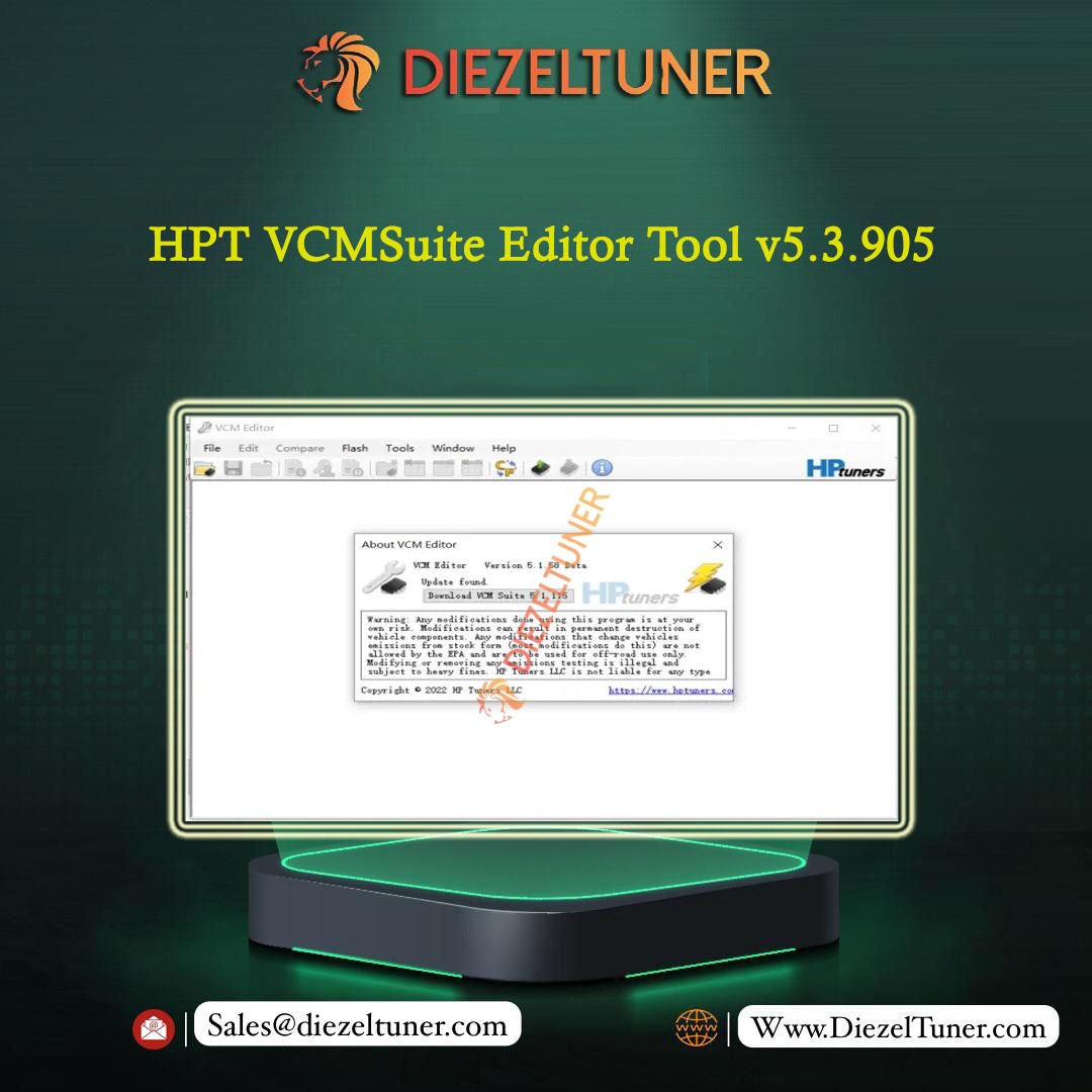 Promotional graphic for Diezeltuner HPT VCMSuite Editor Tool v5.3.