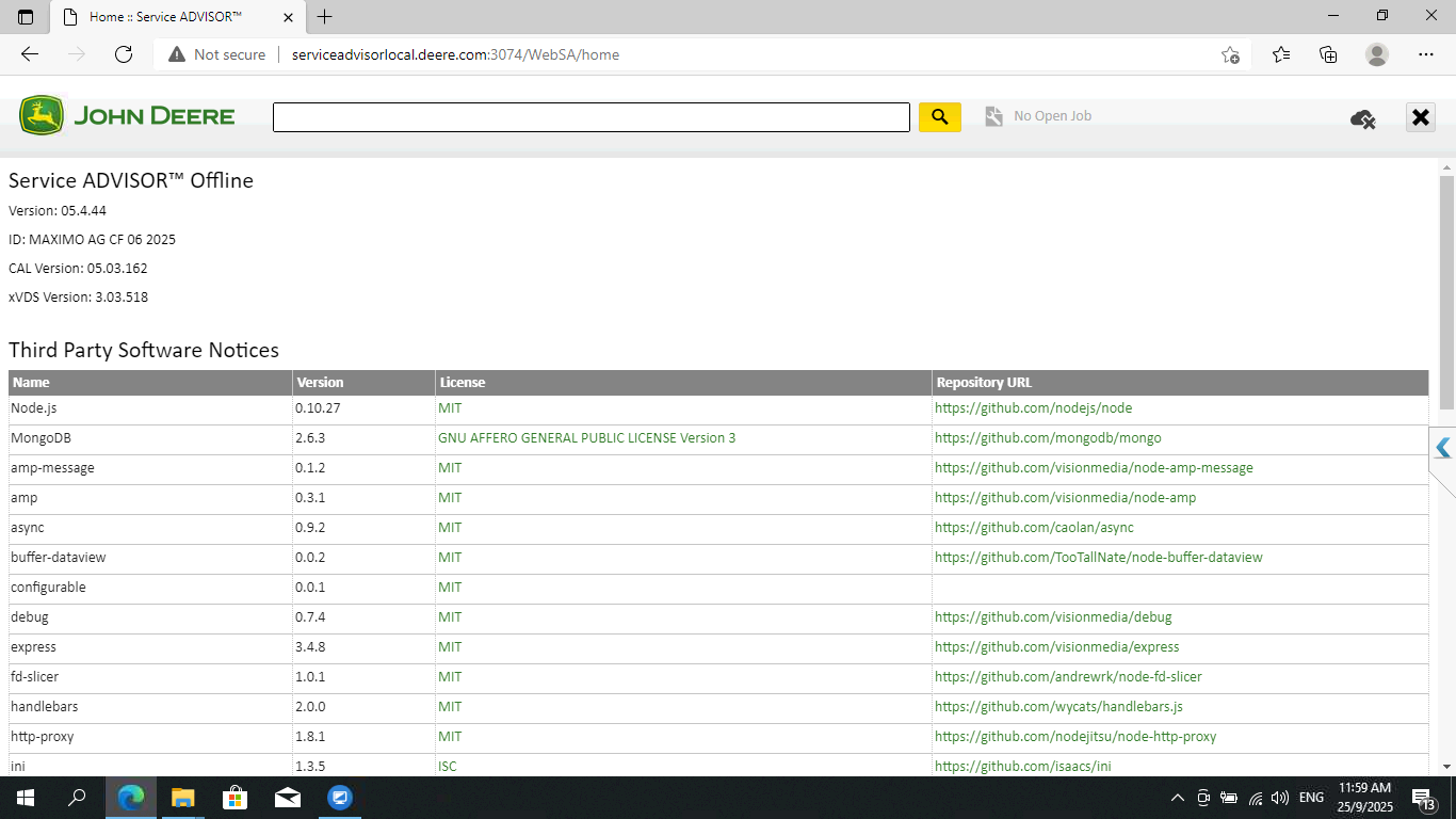 Screen capture of John Deere Service Advisor software with a list of third-party software notices.