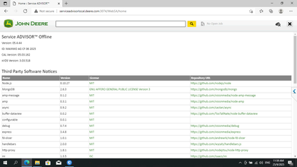 Screen capture of John Deere Service Advisor software with a list of third-party software notices.