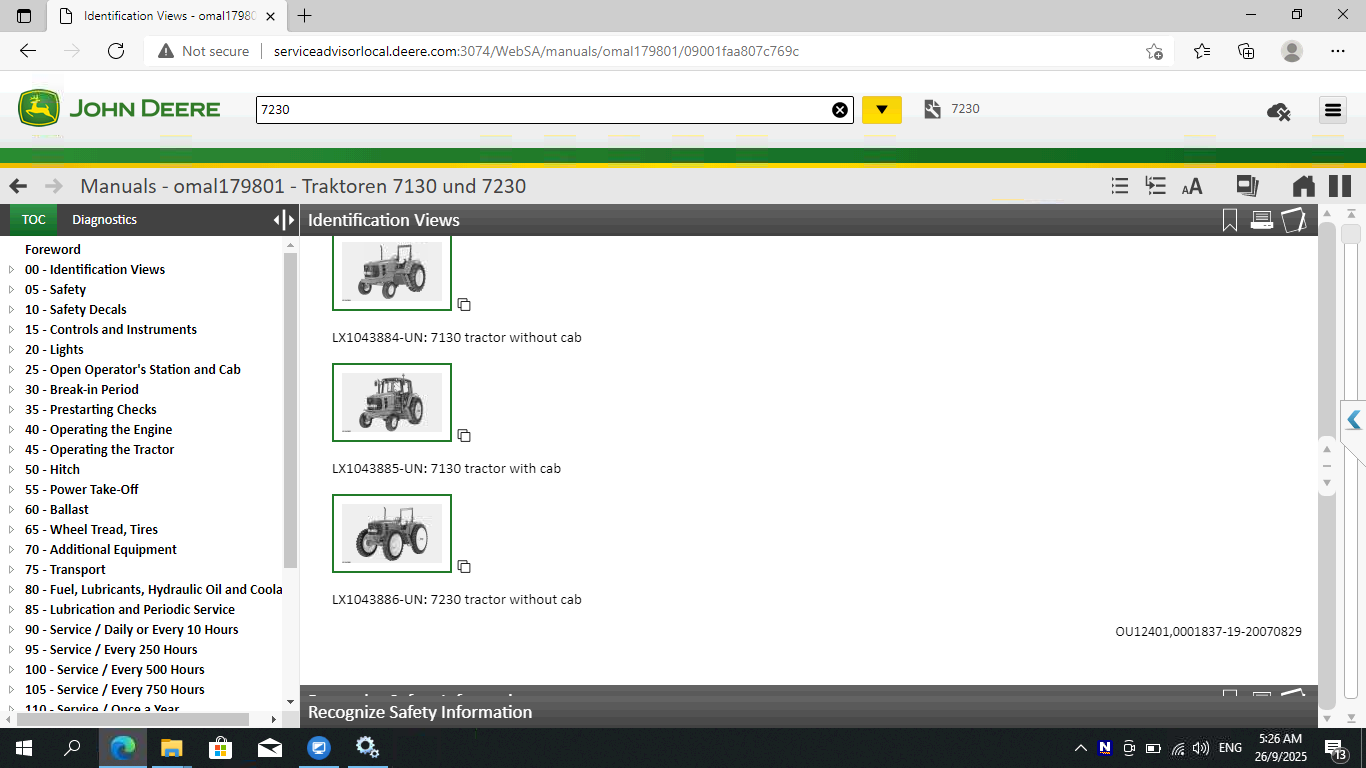Computer screen displaying John Deere manuals for tractors with a focus on safety information.