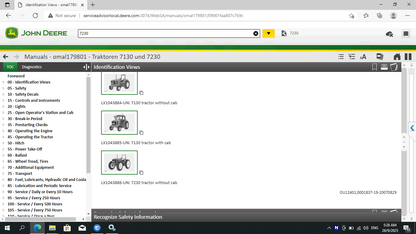 Computer screen displaying John Deere manuals for tractors with a focus on safety information.