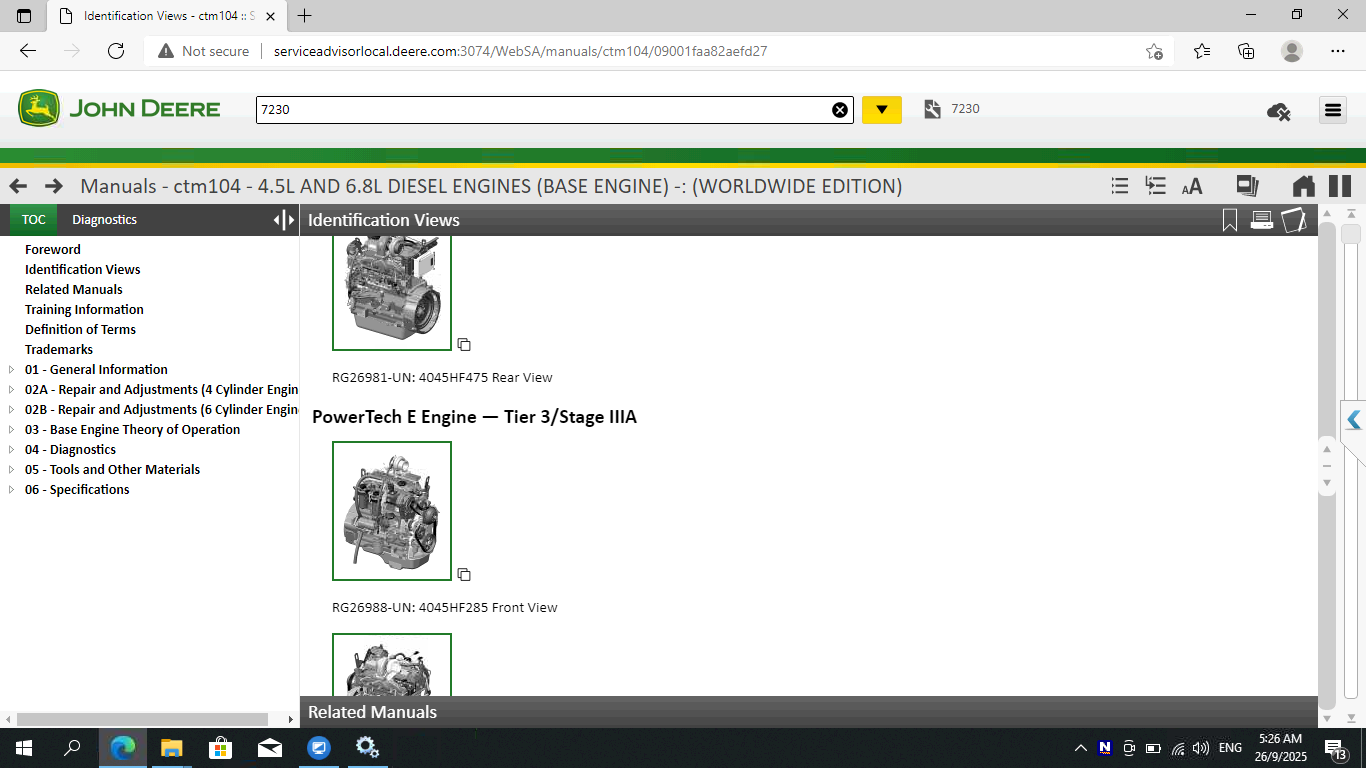 Computer screen displaying John Deere manuals for diesel engines