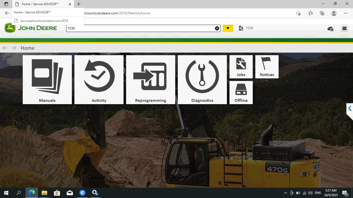 John Deere equipment interface with icons on a computer screen