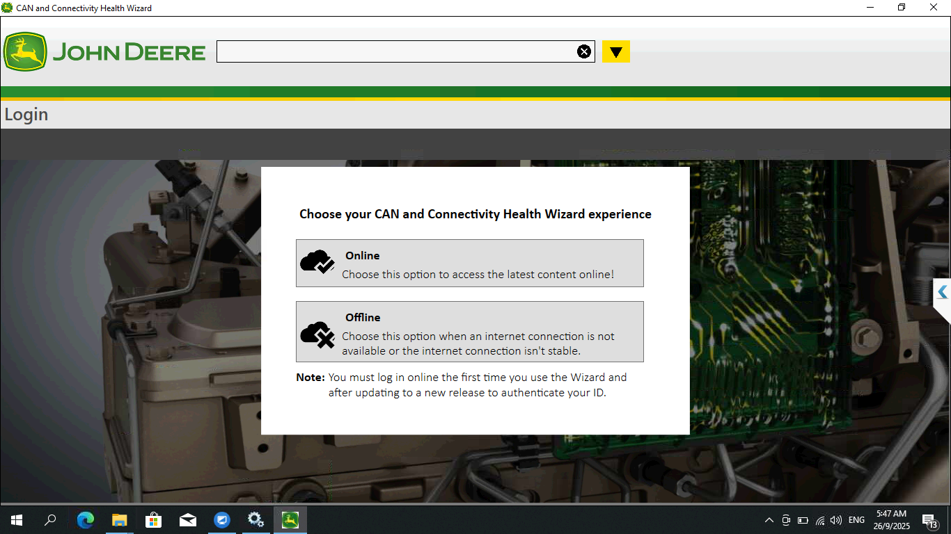 John Deere login screen with connectivity options on a computer screen