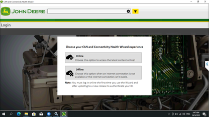 John Deere login screen with connectivity options on a computer screen