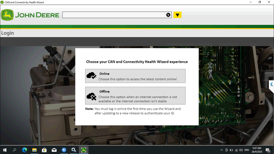 John Deere login screen with connectivity options on a computer screen