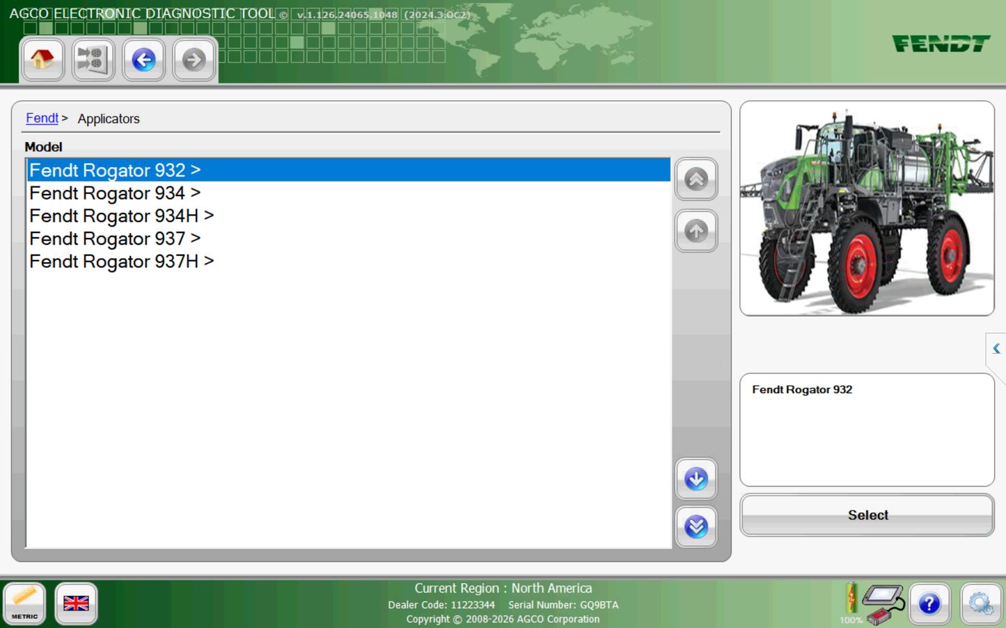 A screenshot of the Fendt Electronic Diagnostic Tool software interface, showing a list of Fendt Rogator vehicle models on the left and a graphic of a green and black Fendt Rogator 932 sprayer on the right.