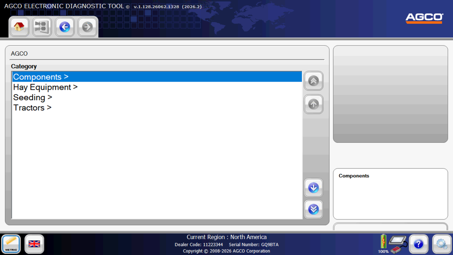 A screenshot of the AGCO Electronic Diagnostic Tool software interface, showing a category list with Components, Hay Equipment, Seeding, and Tractors, alongside a components panel on the right.