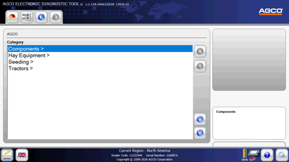 A screenshot of the AGCO Electronic Diagnostic Tool software interface, showing a category list with Components, Hay Equipment, Seeding, and Tractors, alongside a components panel on the right.