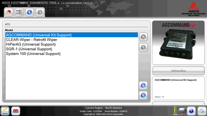 A screenshot of the AGO Electronic Diagnostic Tool interface showing the ATS (Advanced Test System) AGCCommand Universal Kit Support module. The screen displays a list of supported models on the left, a 3D rendering of the black rectangular diagnostic module on the right, and various tool icons and status bars.