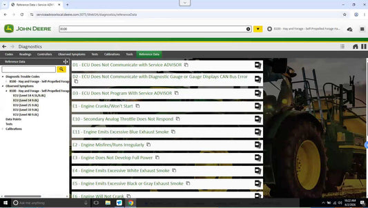 A screenshot of a John Deere diagnostic web page displayed inside a web browser, showing error logs and a tractor photo in the background.