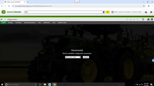 A screenshot of a John Deere service diagnostic webpage showing a disconnected status message over a dark tractor background, with a Windows taskbar and browser window visible.