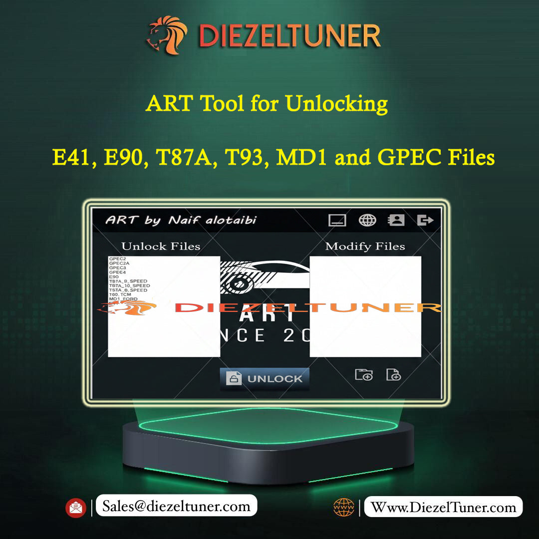 Promotional graphic for a software tool called ART Tool for Unlocking by Diezeltuner, showing a computer monitor mockup displaying file unlock and modify screens, with text listing file formats E41, E90, T87A, T93, MD1, and GPEC.