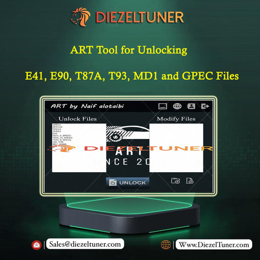 Promotional graphic for a software tool called ART Tool for Unlocking by Diezeltuner, showing a computer monitor mockup displaying file unlock and modify screens, with text listing file formats E41, E90, T87A, T93, MD1, and GPEC.