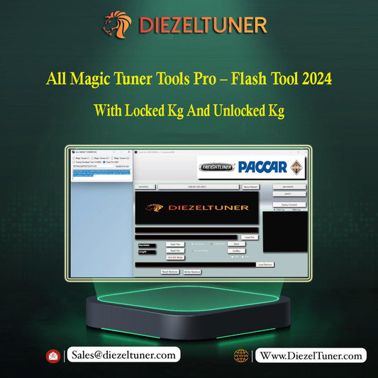 Promotional image for All Magic Tuner Tools Pro – Flash Tool 2024, featuring a computer interface with various vehicle brand options, against a green background.