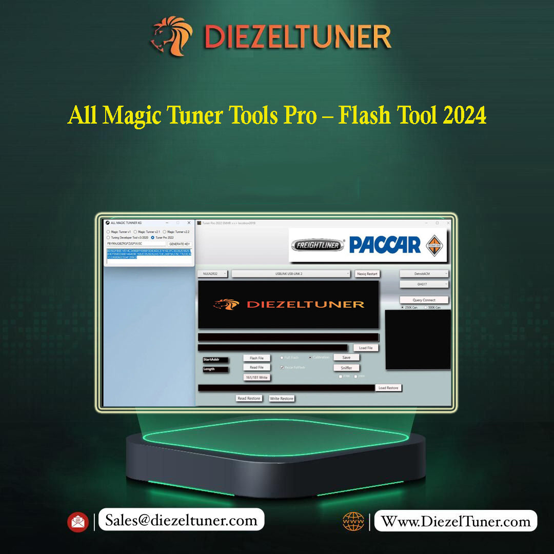 Promotional graphic for Diezeltuner All Magic Tuner Tools Pro - Flash Tool 2024, featuring a stylized computer monitor mockup displaying software interfaces and logos, set against a dark green textured background with contact details at the bottom.
