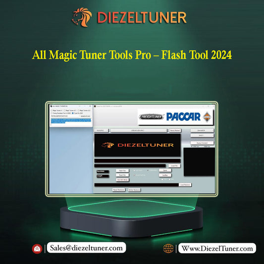 Promotional graphic for Diezeltuner All Magic Tuner Tools Pro - Flash Tool 2024, featuring a stylized computer monitor mockup displaying software interfaces and logos, set against a dark green textured background with contact details at the bottom.