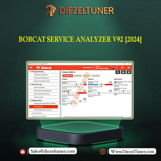Promotional image for BOBCAT SERVICE ANALYZER V92 software showing the software interface on a computer monitor with the Bobcat logo, indicating it's intended for use with Bobcat equipment.