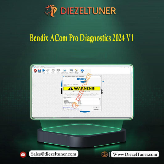 The image shows a digital product presentation for Bendix ACom Pro Diagnostics 2024 V1, featuring a warning screen on a computer monitor.