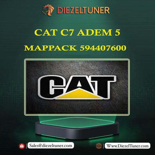 Product image featuring the Caterpillar C7 ADEM 5 MAPPACK, displaying a black background with the Caterpillar logo in white and yellow, and text detailing the map pack version.