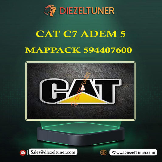 Product image featuring the Caterpillar C7 ADEM 5 MAPPACK, displaying a black background with the Caterpillar logo in white and yellow, and text detailing the map pack version.