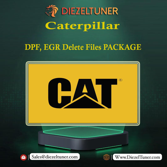 Advertisement for Diezeltuner Caterpillar DPF, EGR Delete Files Package with Caterpillar logo on a dark background.