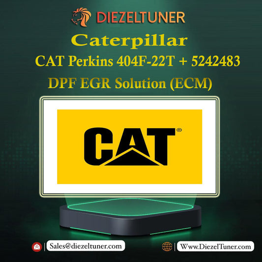Advertisement for Diezeltuner Caterpillar DPF EGR solution with Caterpillar logo on a dark background
