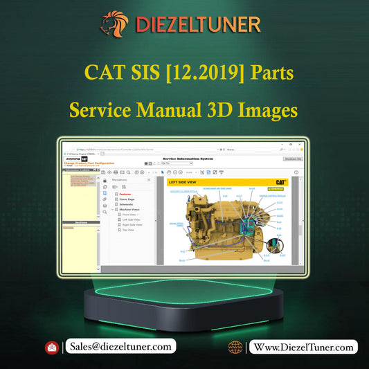Computer screen displaying a 3D model of a CAT engine with DIEZELTUNER branding and text about CAT SIS parts service manual.