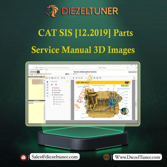 Computer screen displaying a 3D model of a CAT engine with DIEZELTUNER branding and text about CAT SIS parts service manual.