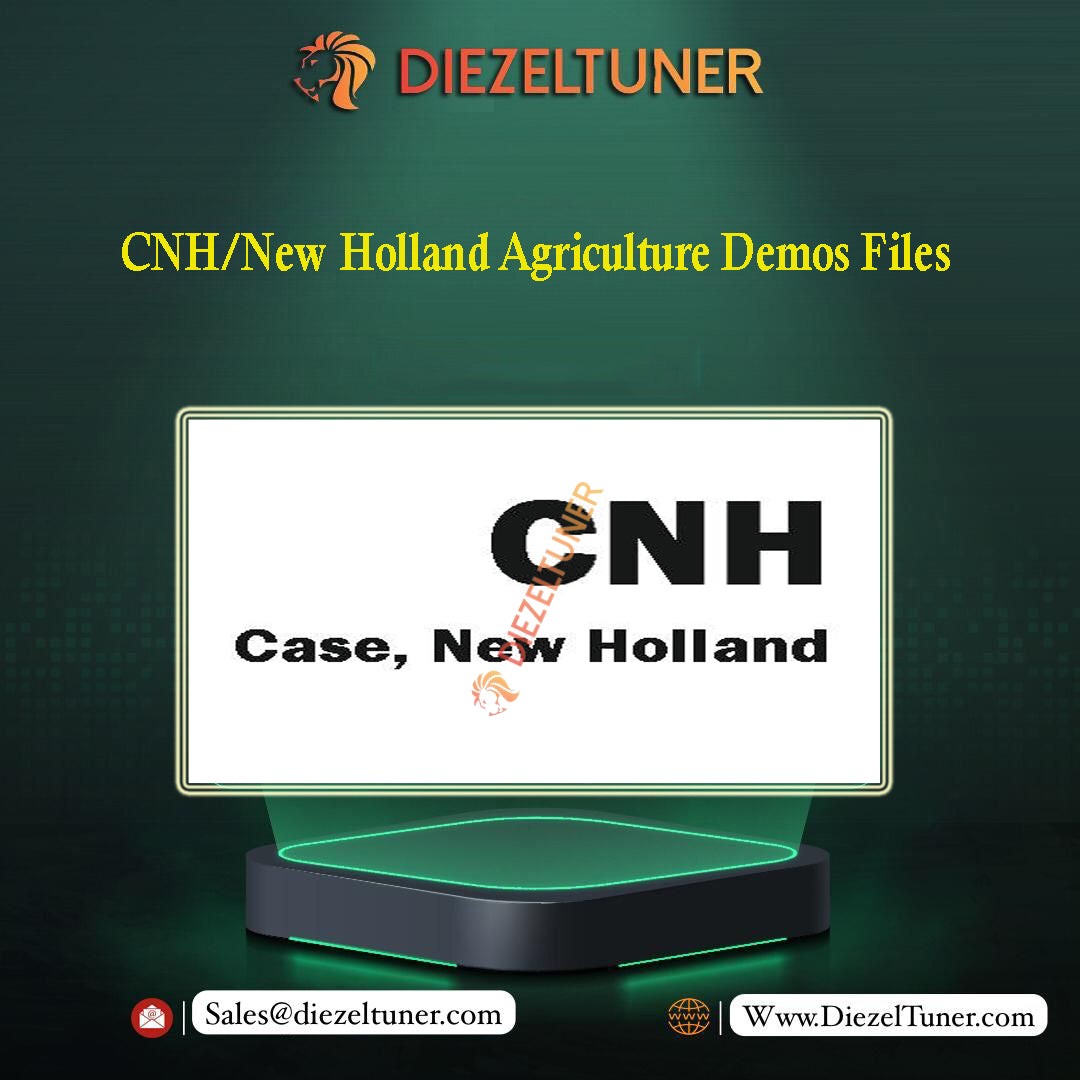 Promotional image featuring the CNH logo, representing Case, New Holland, highlighting their agriculture demos files, with a contact email and website.