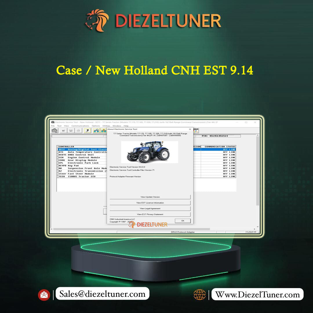 Promotional graphic for Diezeltuner software support case for New Holland CNH EST 9.14, showing a computer monitor mockup displaying tractor-related interface windows and a tractor photo on screen, with the Diezeltuner logo and contact details on a dark green background.