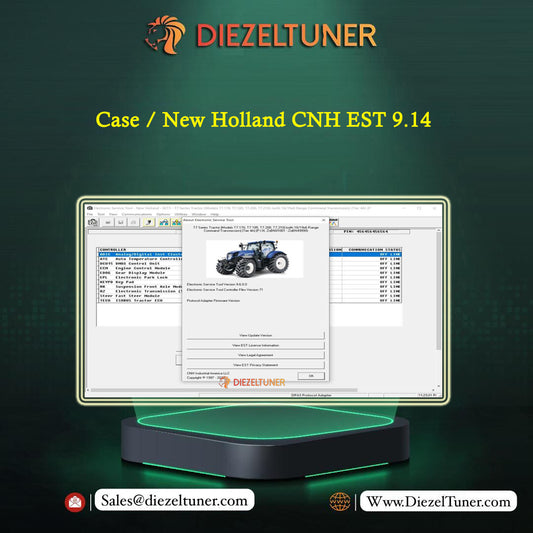 Promotional graphic for Diezeltuner software support case for New Holland CNH EST 9.14, showing a computer monitor mockup displaying tractor-related interface windows and a tractor photo on screen, with the Diezeltuner logo and contact details on a dark green background.