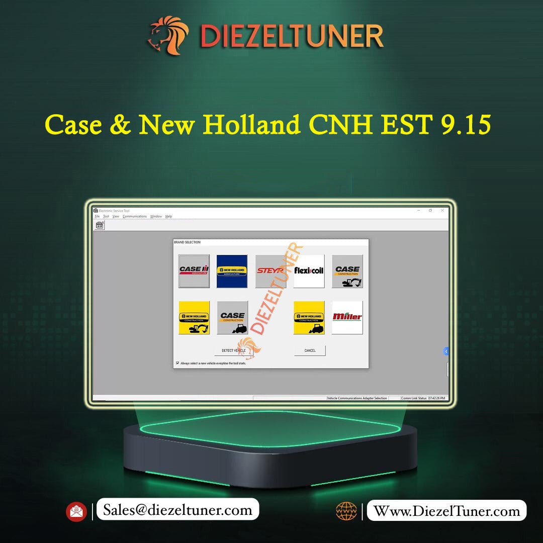 Promotional graphic for a DIEZELTUNER software or hardware product for Case IH and New Holland CNH EST 9.15, featuring a computer monitor mockup displaying a software interface with multiple brand logos, set against a dark green textured background with contact details at the bottom.