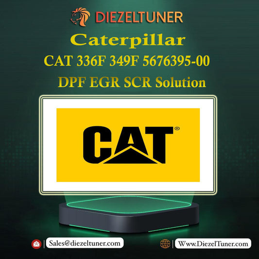 Advertisement for Diezeltuner Caterpillar DPF EGR SCR solution with Caterpillar logo on a dark background