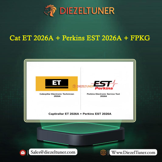 Promotional graphic for a diagnostic tool kit featuring a screen mockup displaying the ET logo on the left and the Perkins EST 2026A tool on the right, with the text 'Cat ET 2026A + Perkins EST 2026A + FPKG' and the brand 'DIEZELTUNER' at the top.